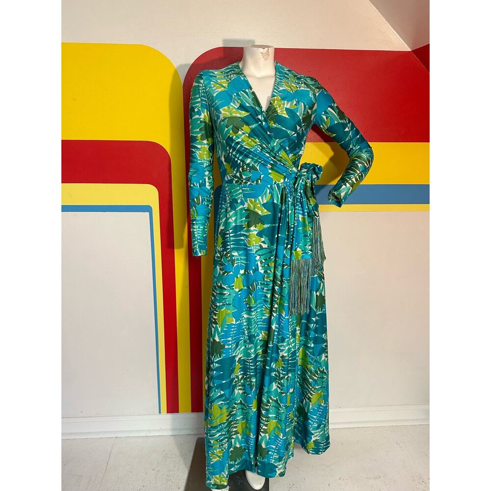 1970s vintage botanical wrap dress fringe Rona New York fern teal green maxi